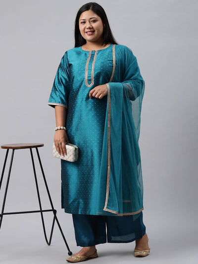 Plus Size Blue Woven Design Art Silk Suit Set - Libas