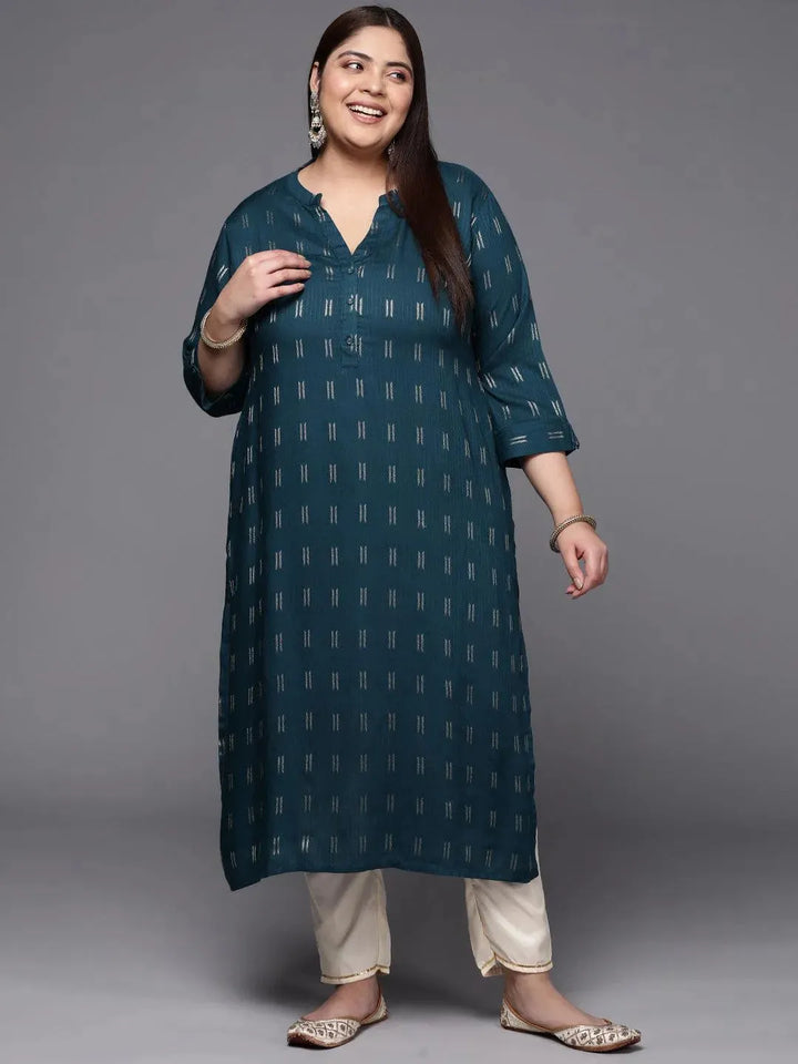 Plus Size Blue Woven Design Rayon Straight Kurta - Libas
