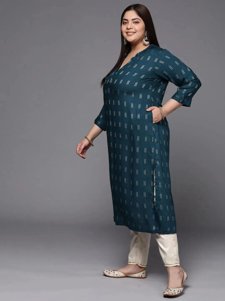 Plus Size Blue Woven Design Rayon Straight Kurta - Libas