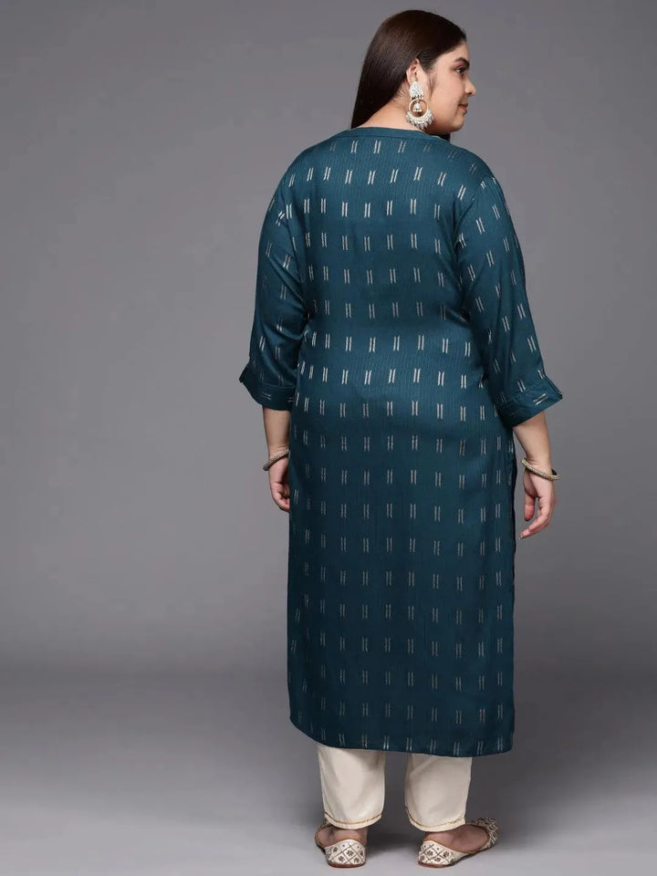 Plus Size Blue Woven Design Rayon Straight Kurta - Libas