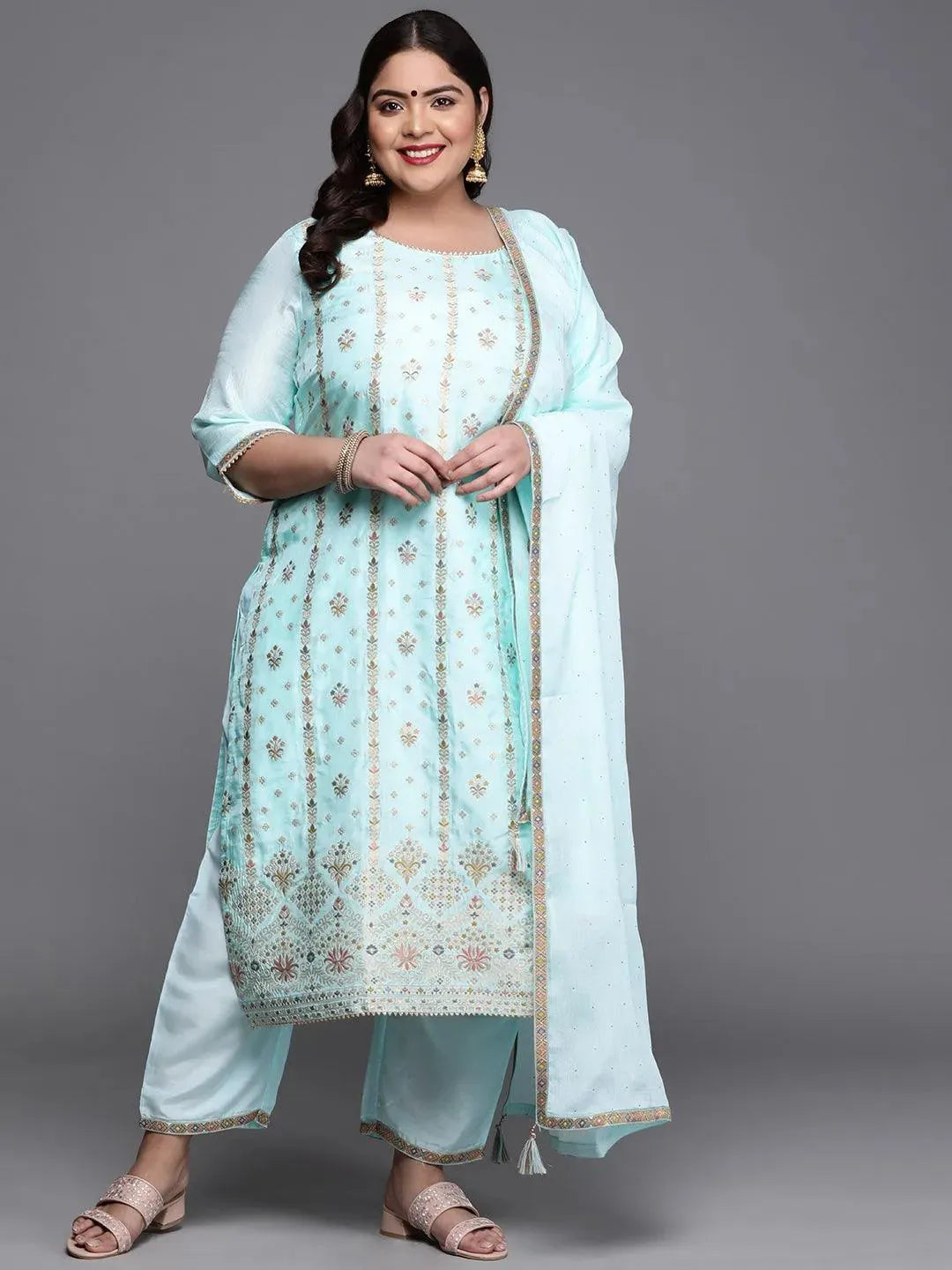 Plus Size Blue Woven Design Silk Blend Suit Set - Libas