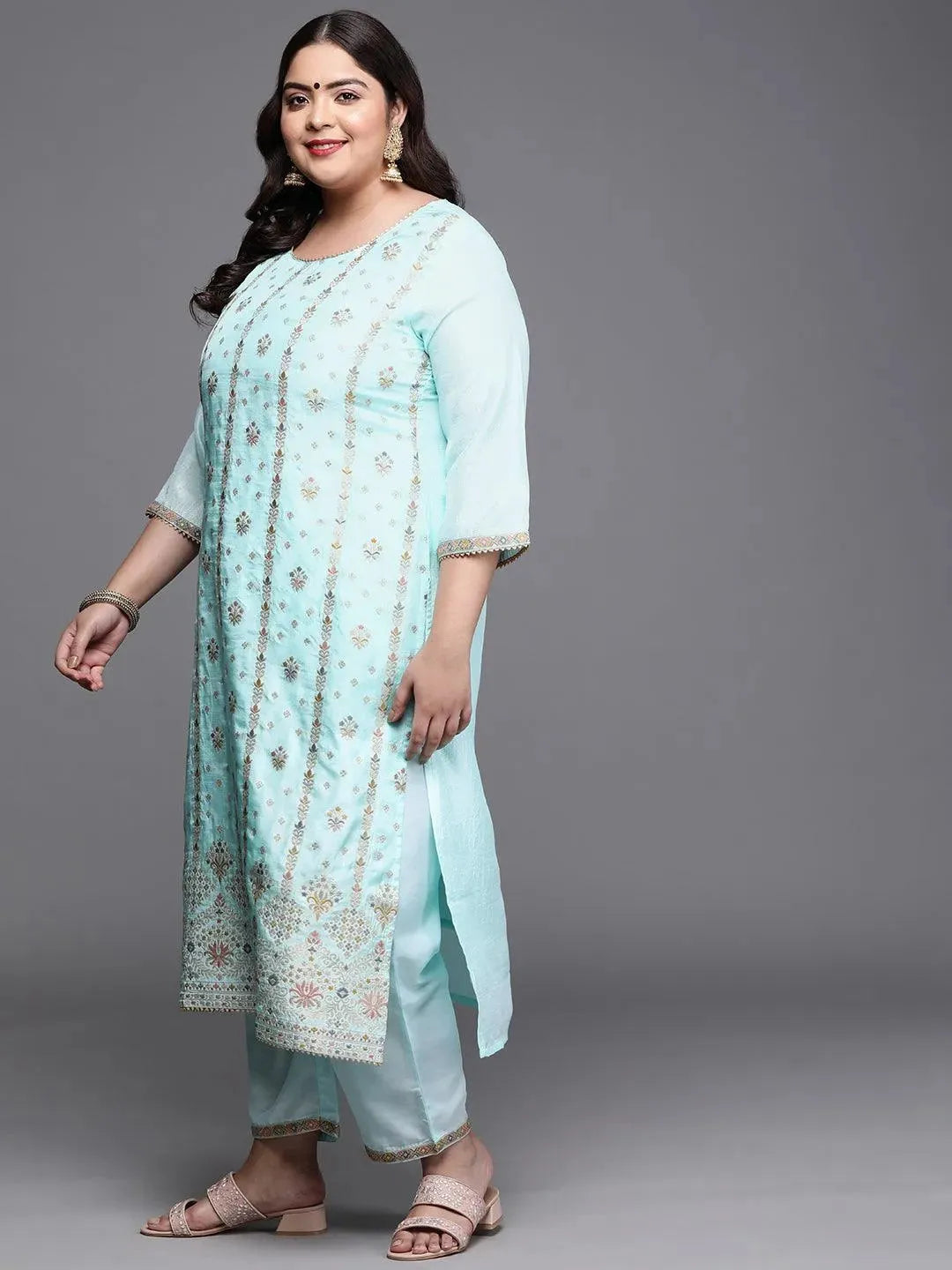 Plus Size Blue Woven Design Silk Blend Suit Set - Libas 
