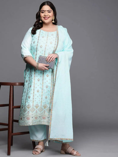 Plus Size Blue Woven Design Silk Blend Suit Set - Libas