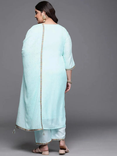 Plus Size Blue Woven Design Silk Blend Suit Set - Libas