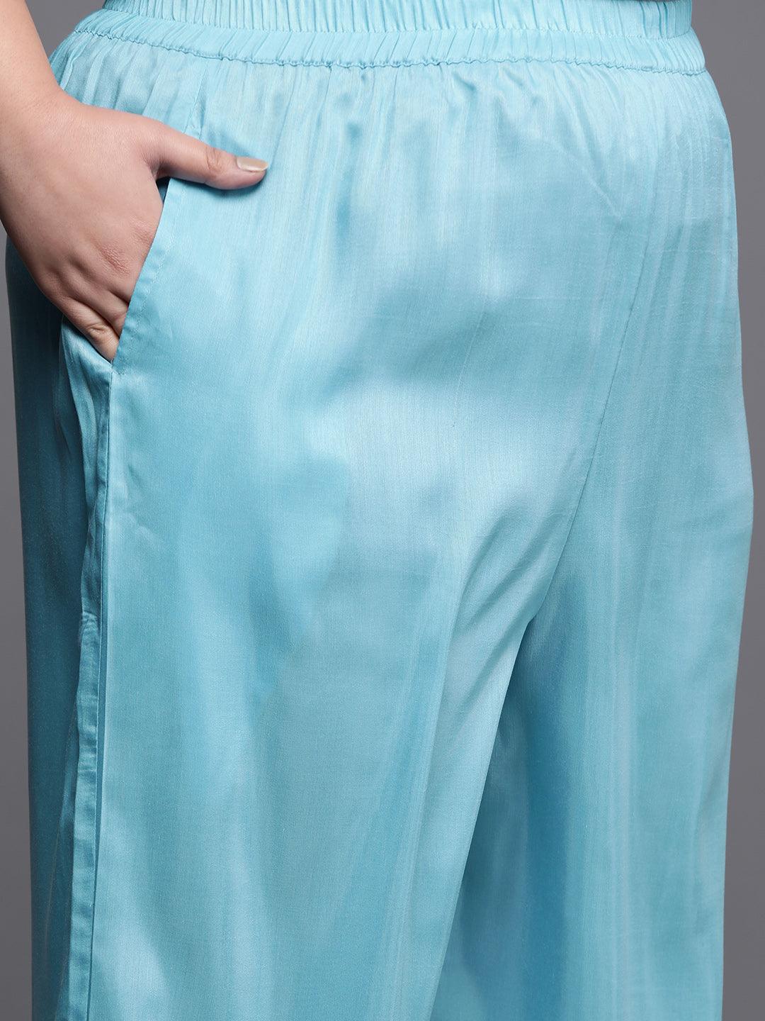 Plus Size Blue Woven Design Silk Blend Suit Set - Libas