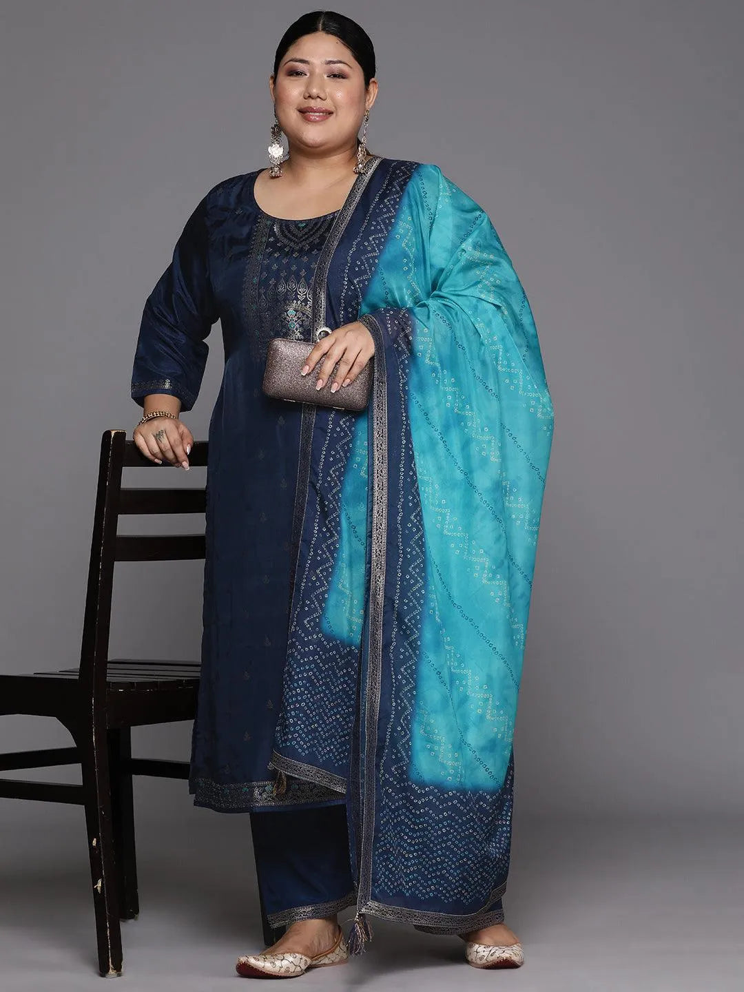 Plus Size Blue Woven Design Silk Blend Straight Suit Set - Libas 