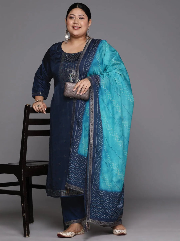 Plus Size Blue Woven Design Silk Blend Straight Suit Set - Libas