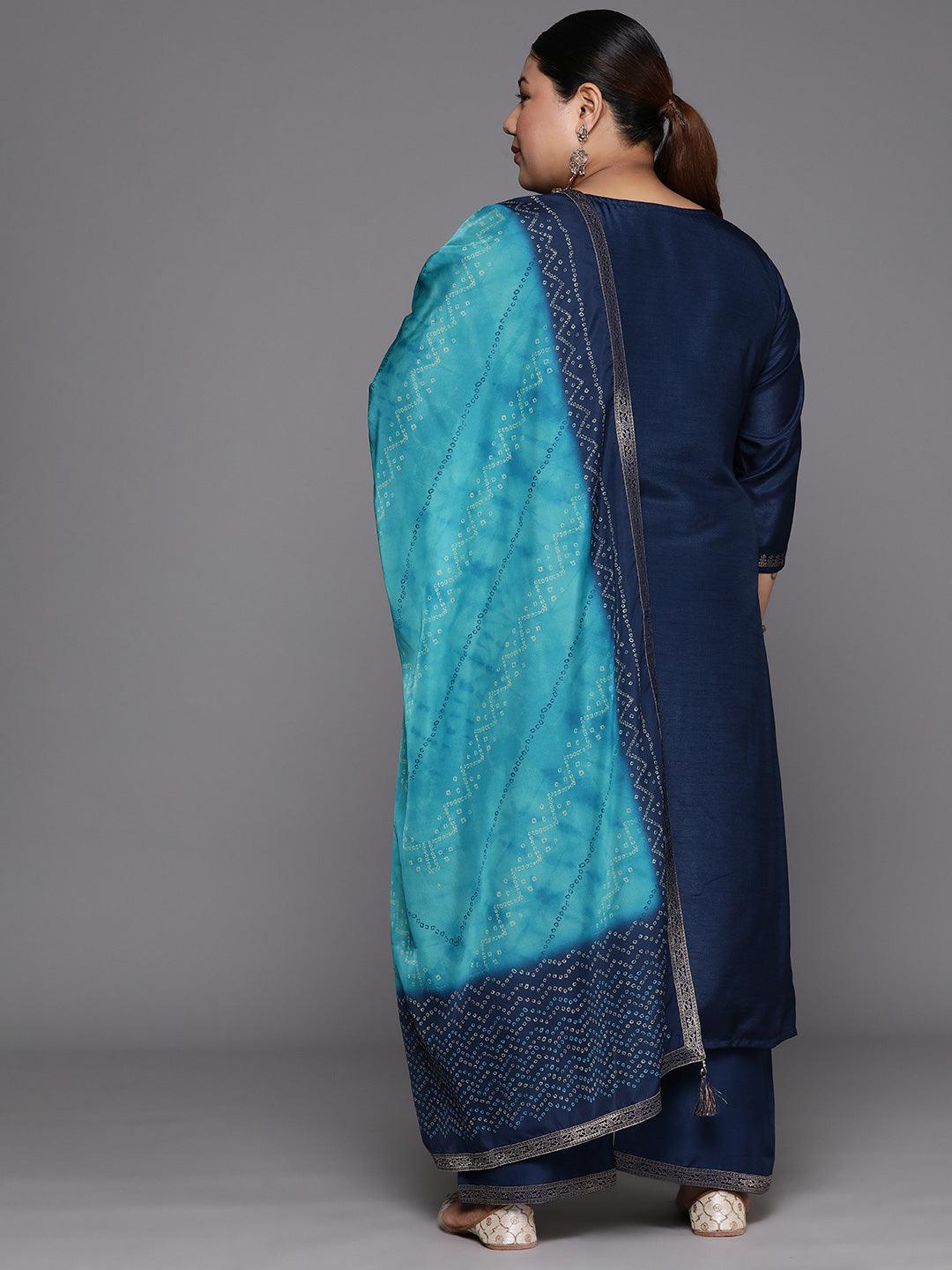 Plus Size Blue Woven Design Silk Blend Straight Suit Set - Libas