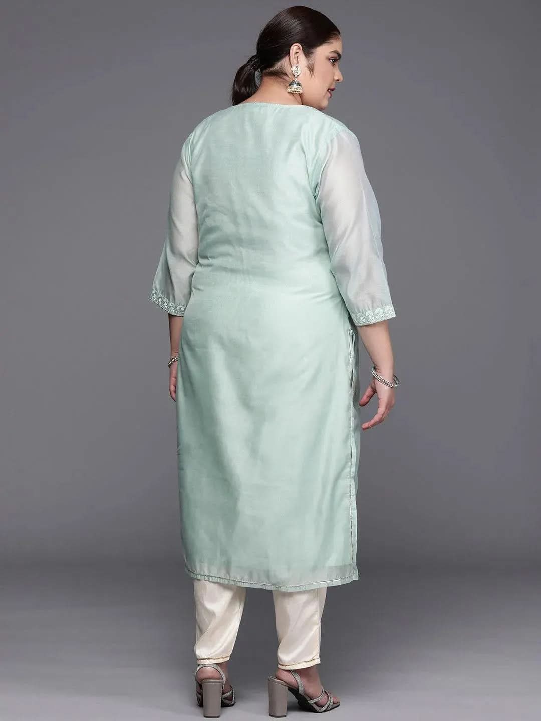 Plus Size Blue Yoke Design Chanderi Cotton Straight Kurta - Libas 