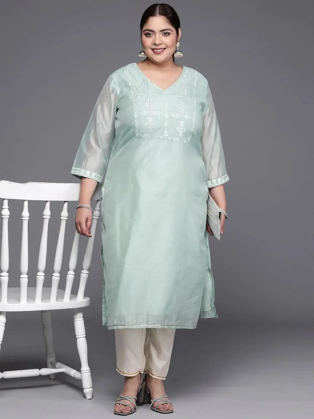 Plus Size Blue Yoke Design Chanderi Cotton Straight Kurta - Libas 