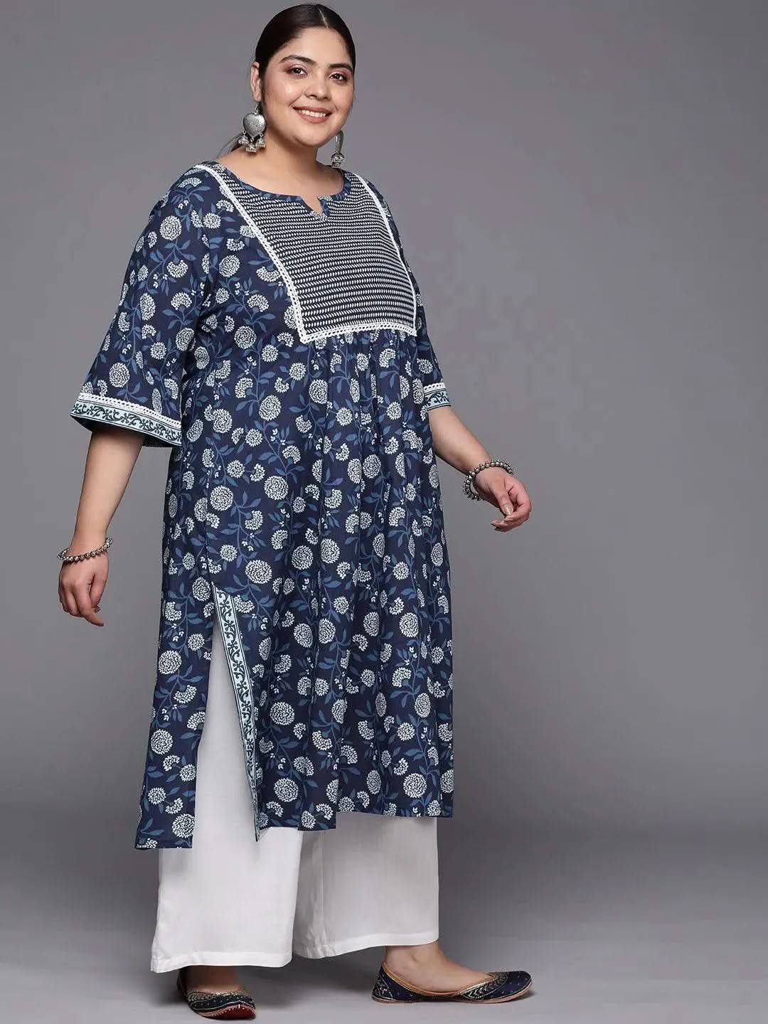 Plus Size Blue Yoke Design Cotton A-Line Kurta - Libas 