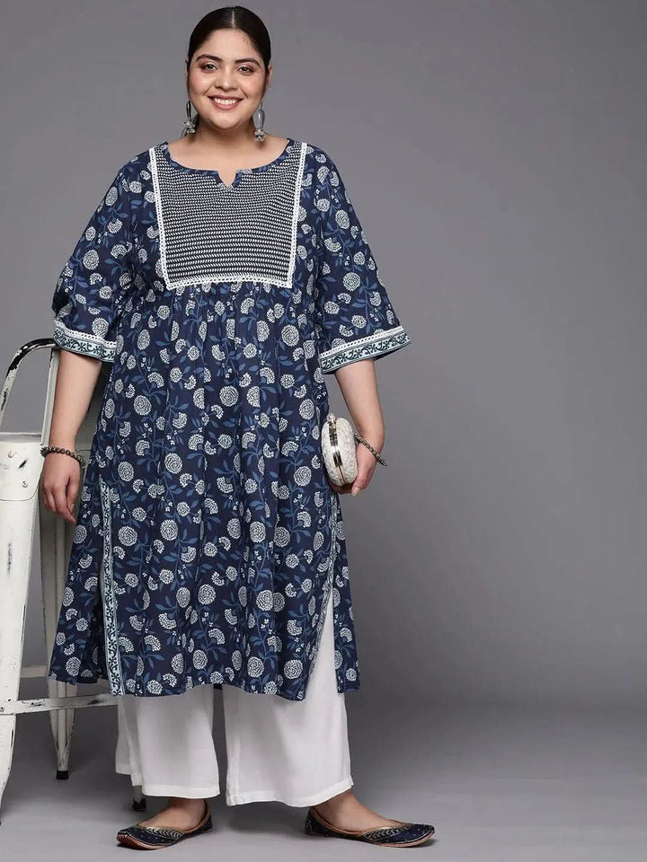 Plus Size Blue Yoke Design Cotton A-Line Kurta - Libas