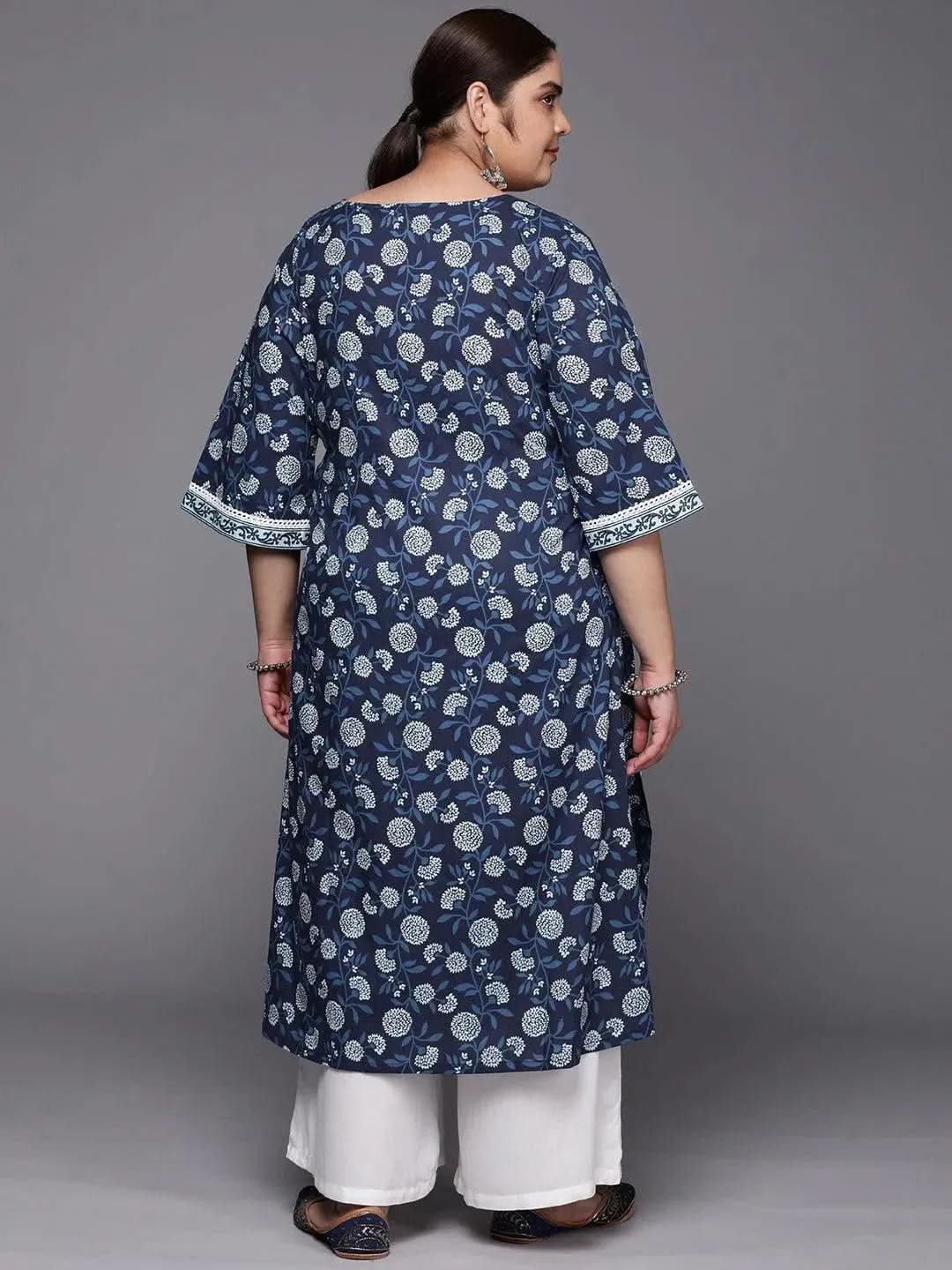 Plus Size Blue Yoke Design Cotton A-Line Kurta - Libas 