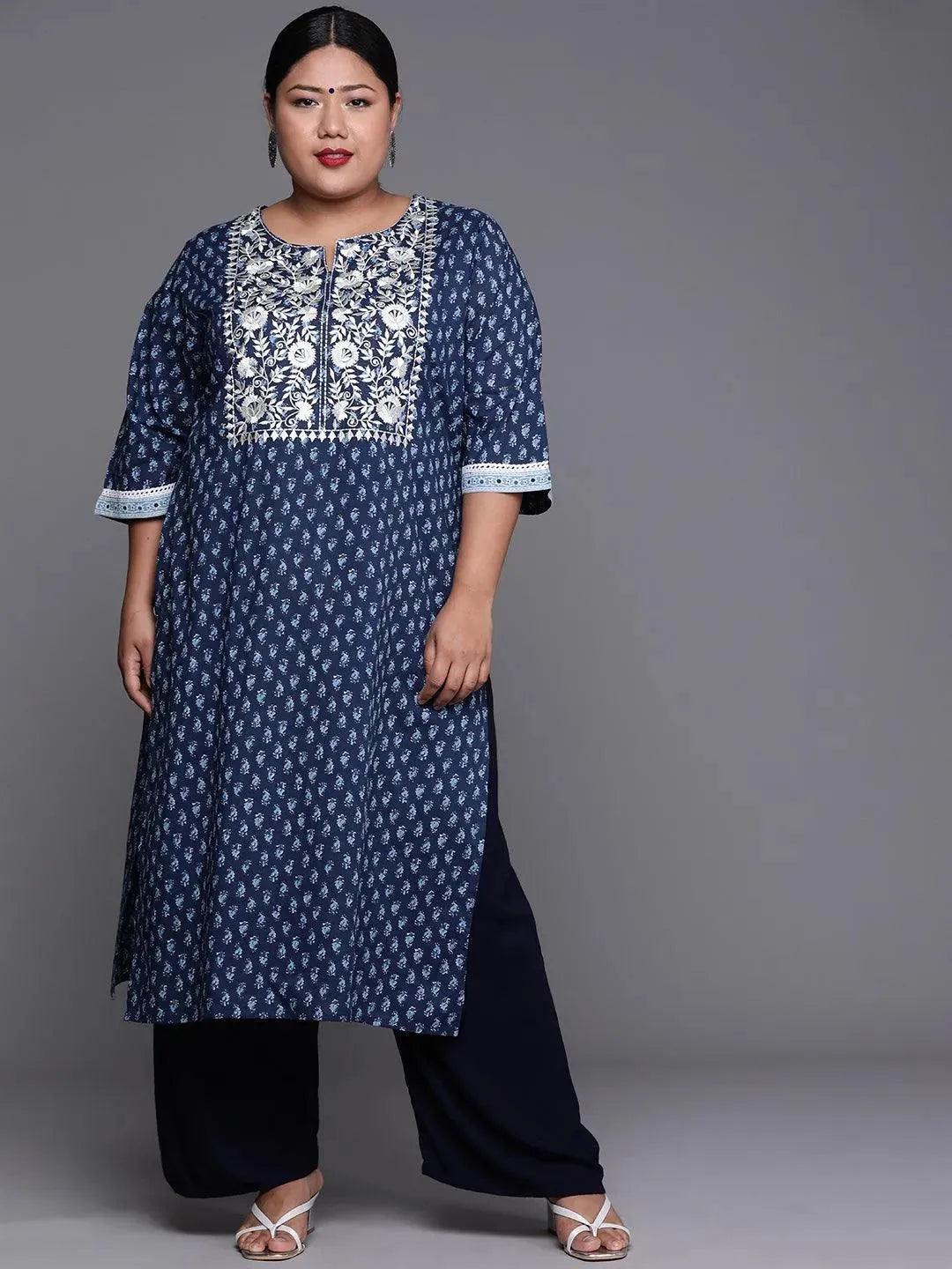 Plus Size Blue Yoke Design Cotton Kurta - Libas