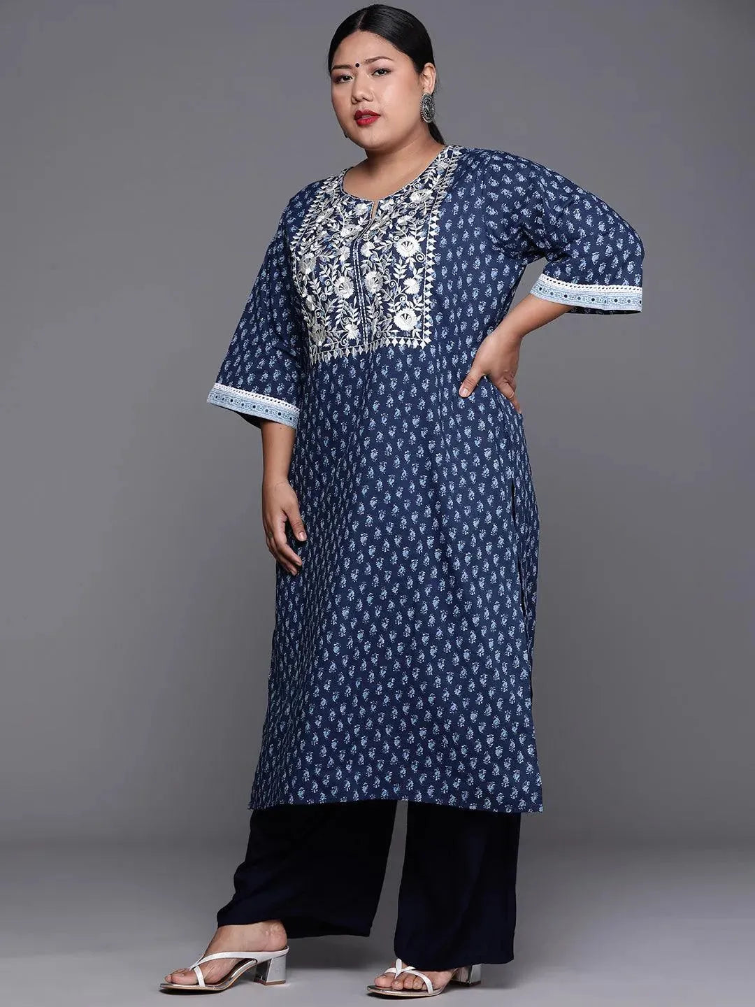 Plus Size Blue Yoke Design Cotton Kurta - Libas