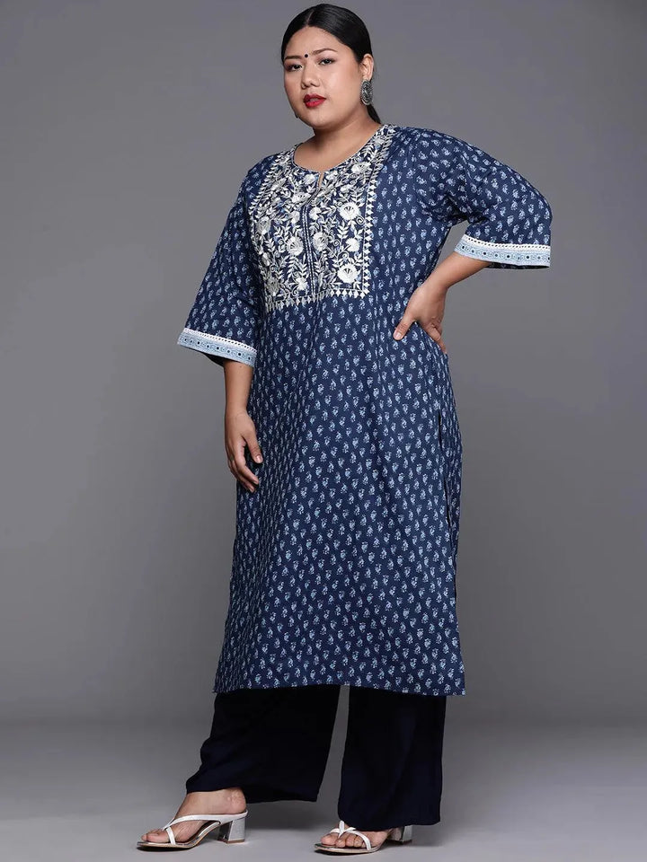 Plus Size Blue Yoke Design Cotton Kurta - Libas