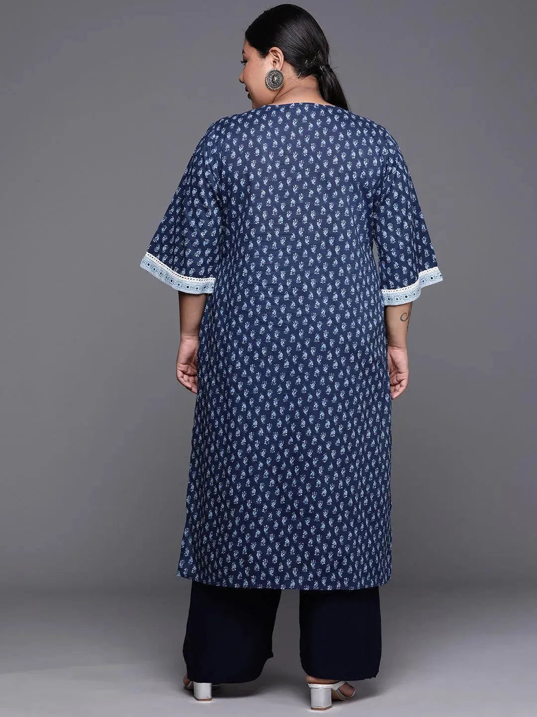 Plus Size Blue Yoke Design Cotton Kurta - Libas