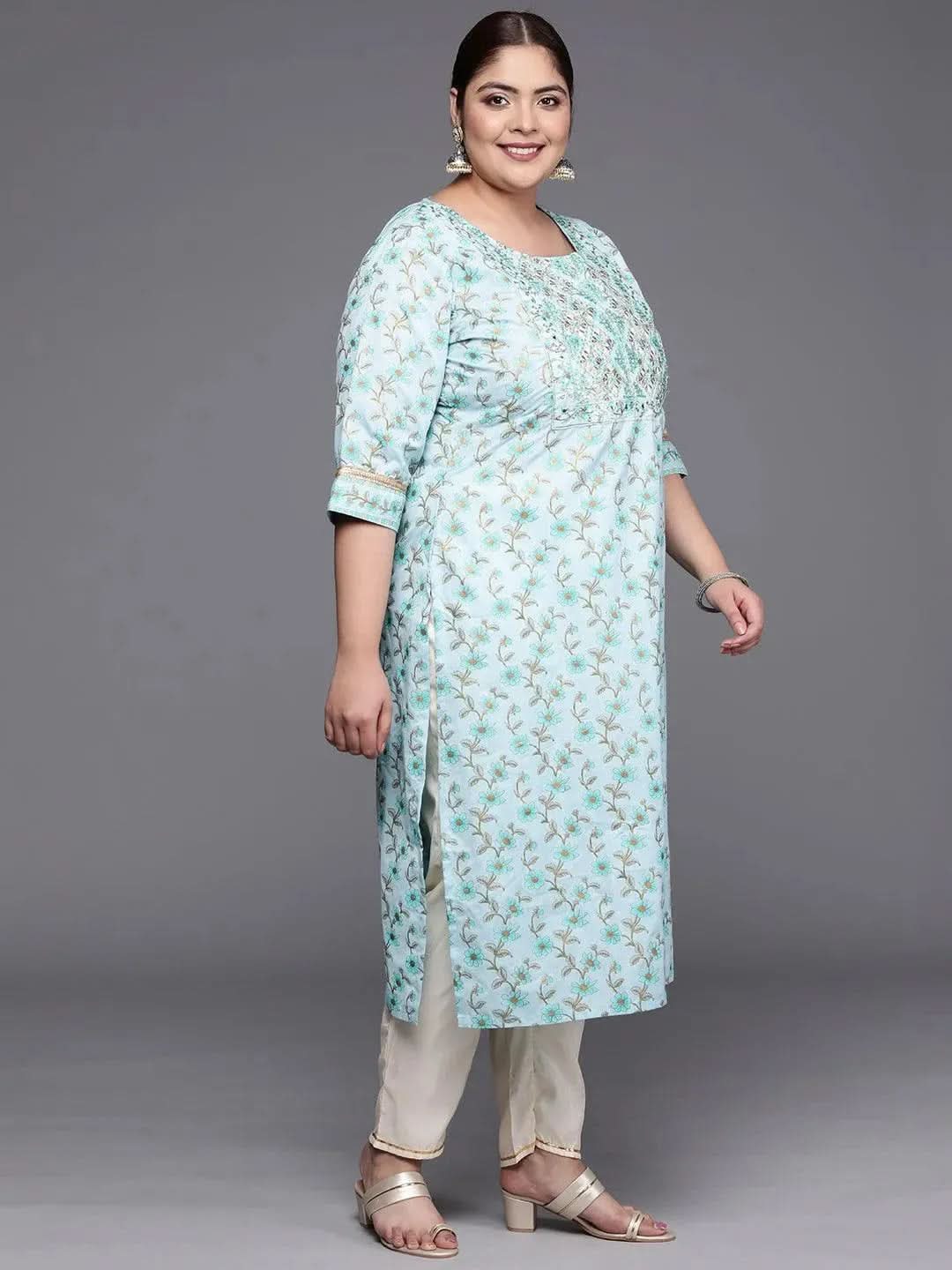 Plus Size Blue Yoke Design Cotton Silk Straight Kurta - Libas 