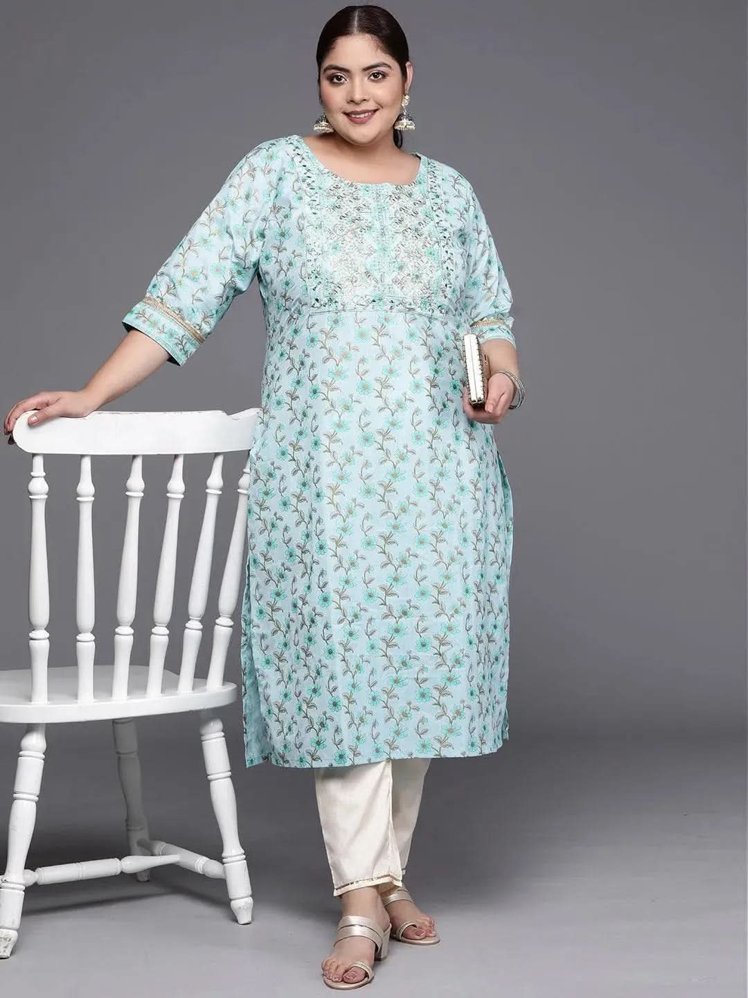 Plus Size Blue Yoke Design Cotton Silk Straight Kurta - Libas 