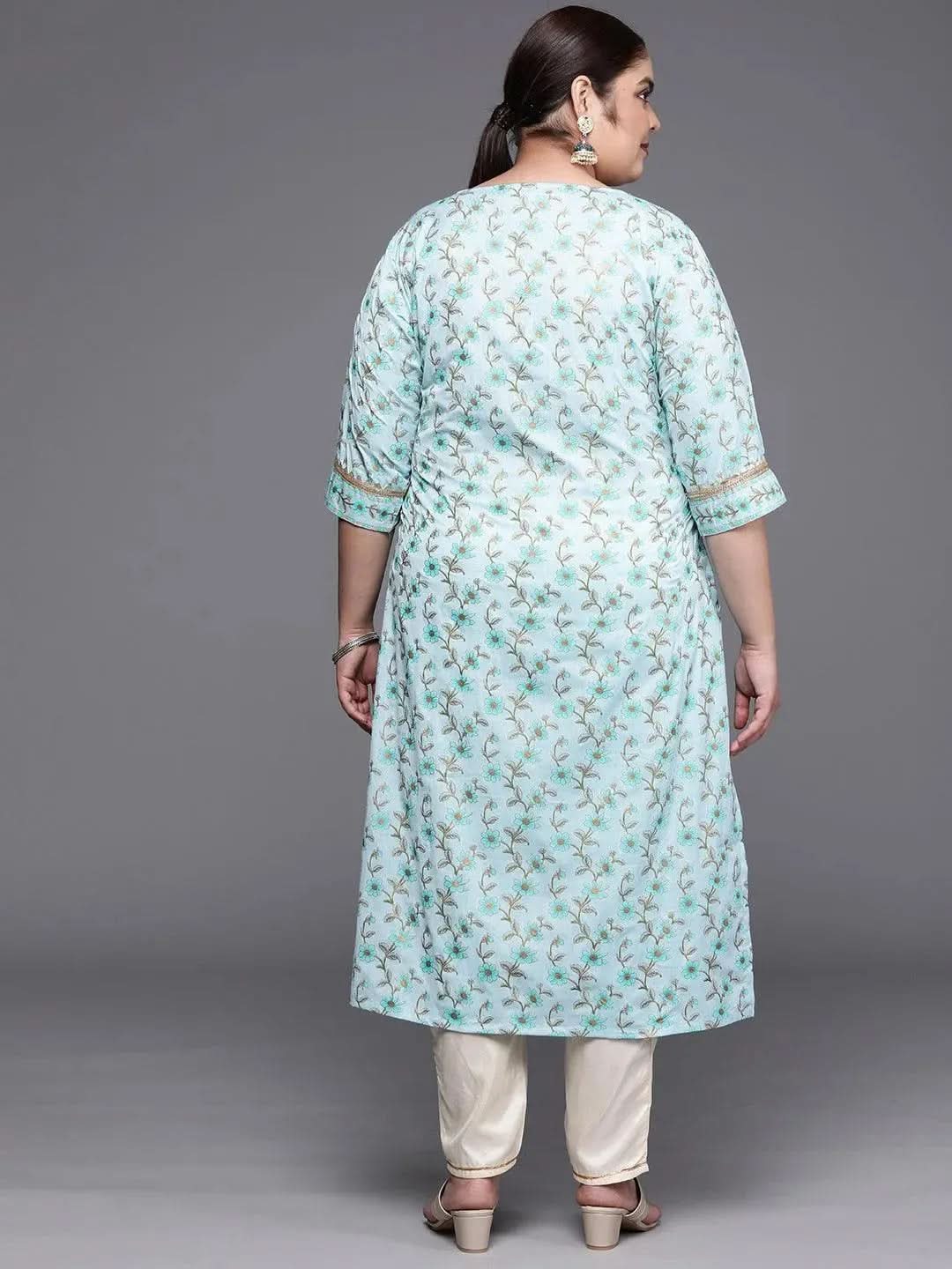 Plus Size Blue Yoke Design Cotton Silk Straight Kurta - Libas 