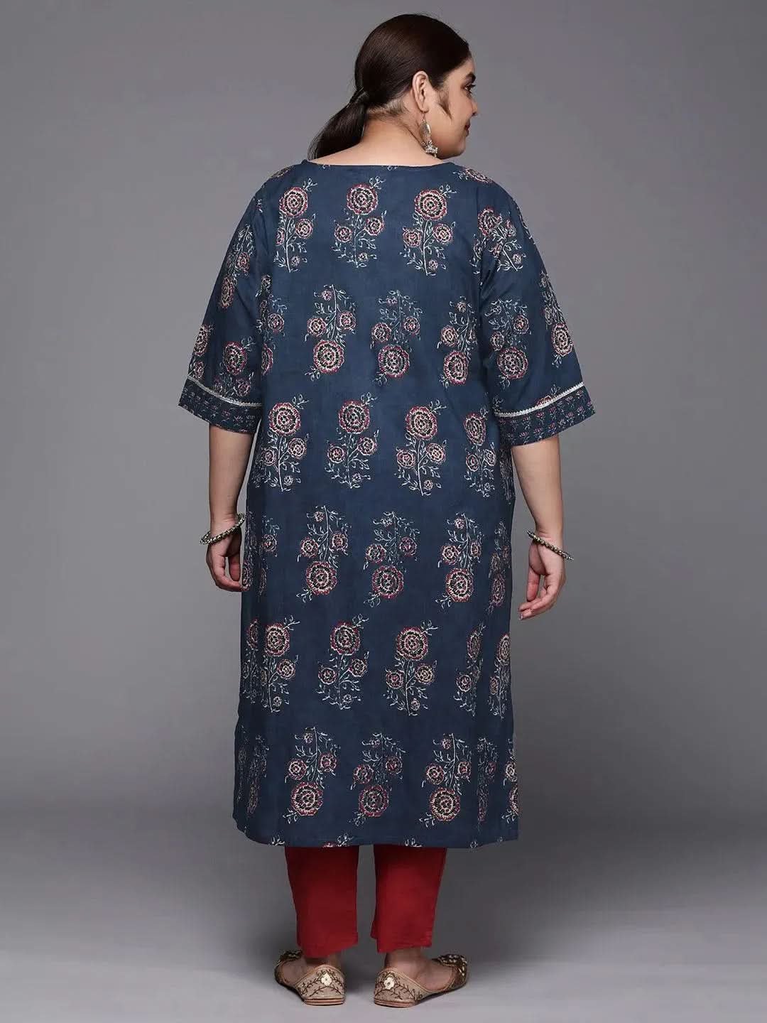 Plus Size Blue Yoke Design Cotton Straight Kurta - Libas 