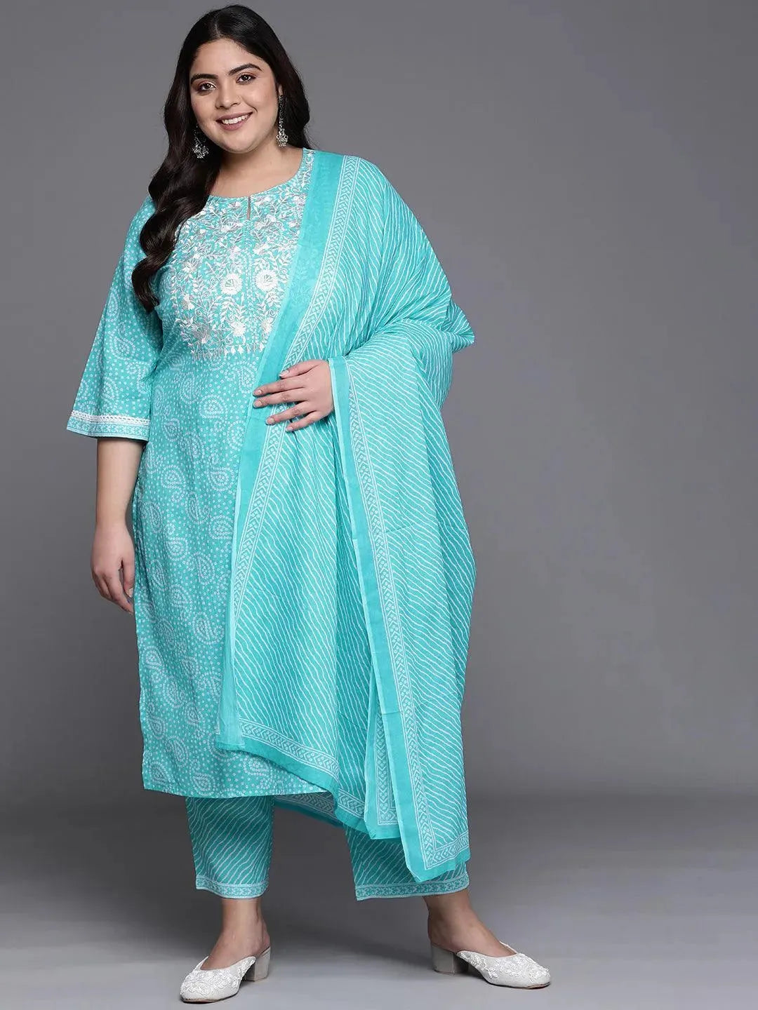 Plus Size Blue Yoke Design Cotton Suit Set - Libas