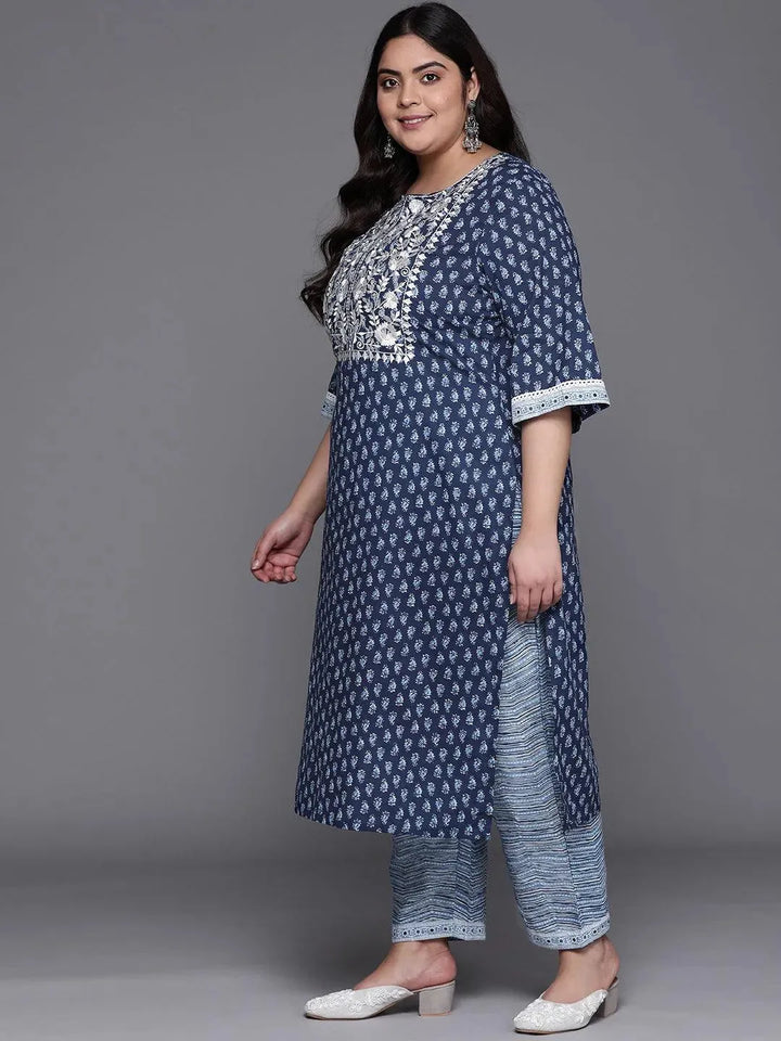 Plus Size Blue Yoke Design Cotton Suit Set - Libas