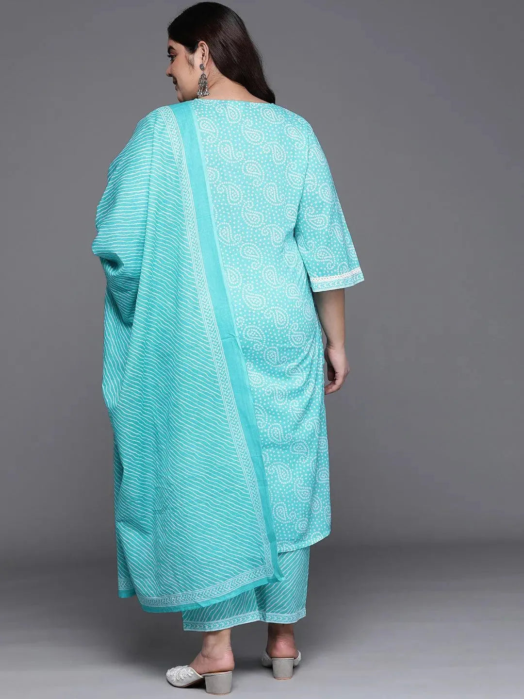 Plus Size Blue Yoke Design Cotton Suit Set - Libas 