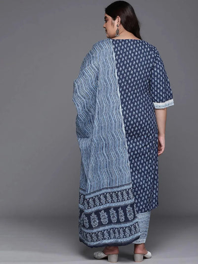 Plus Size Blue Yoke Design Cotton Suit Set - Libas