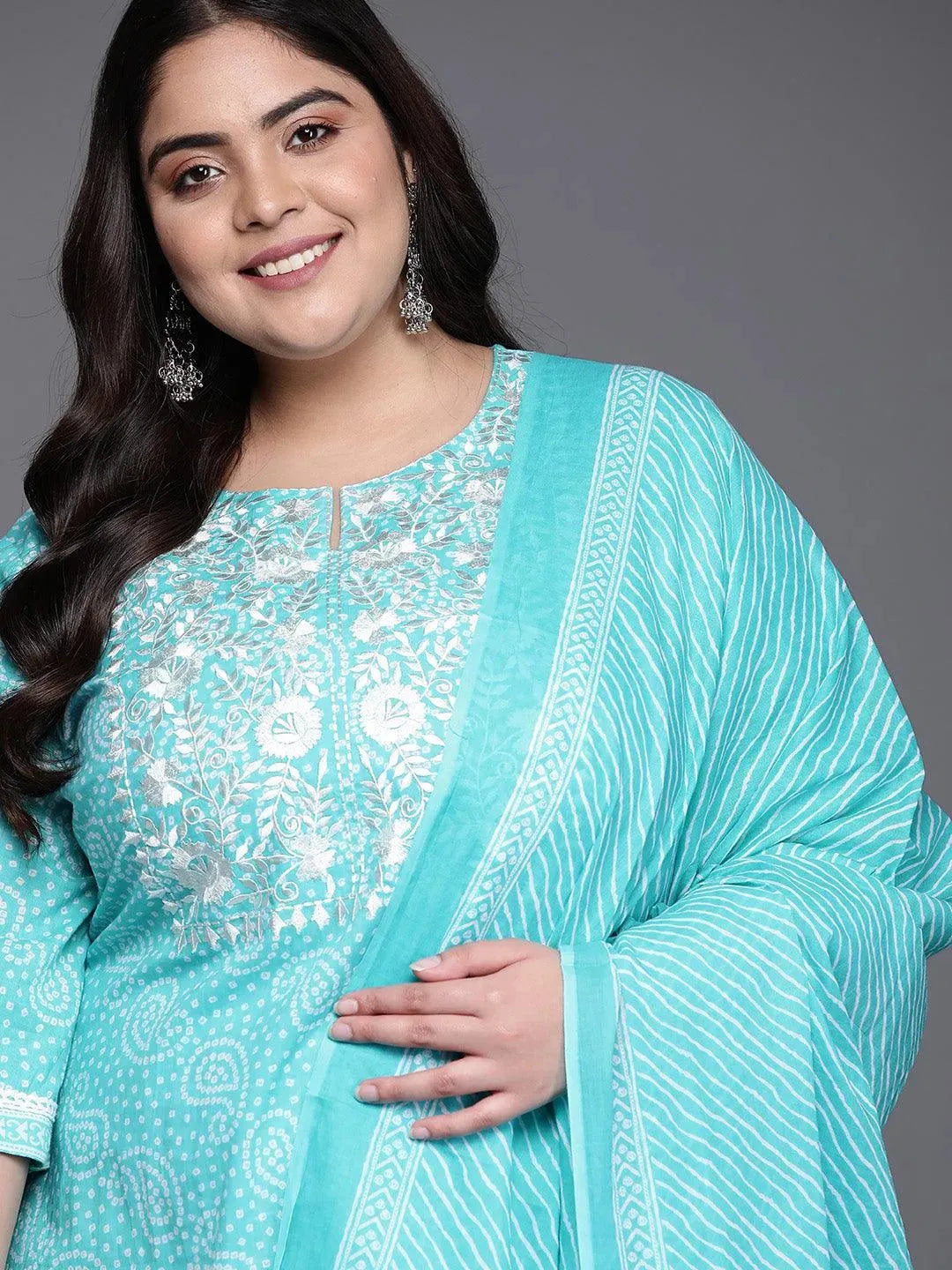 Plus Size Blue Yoke Design Cotton Suit Set - Libas