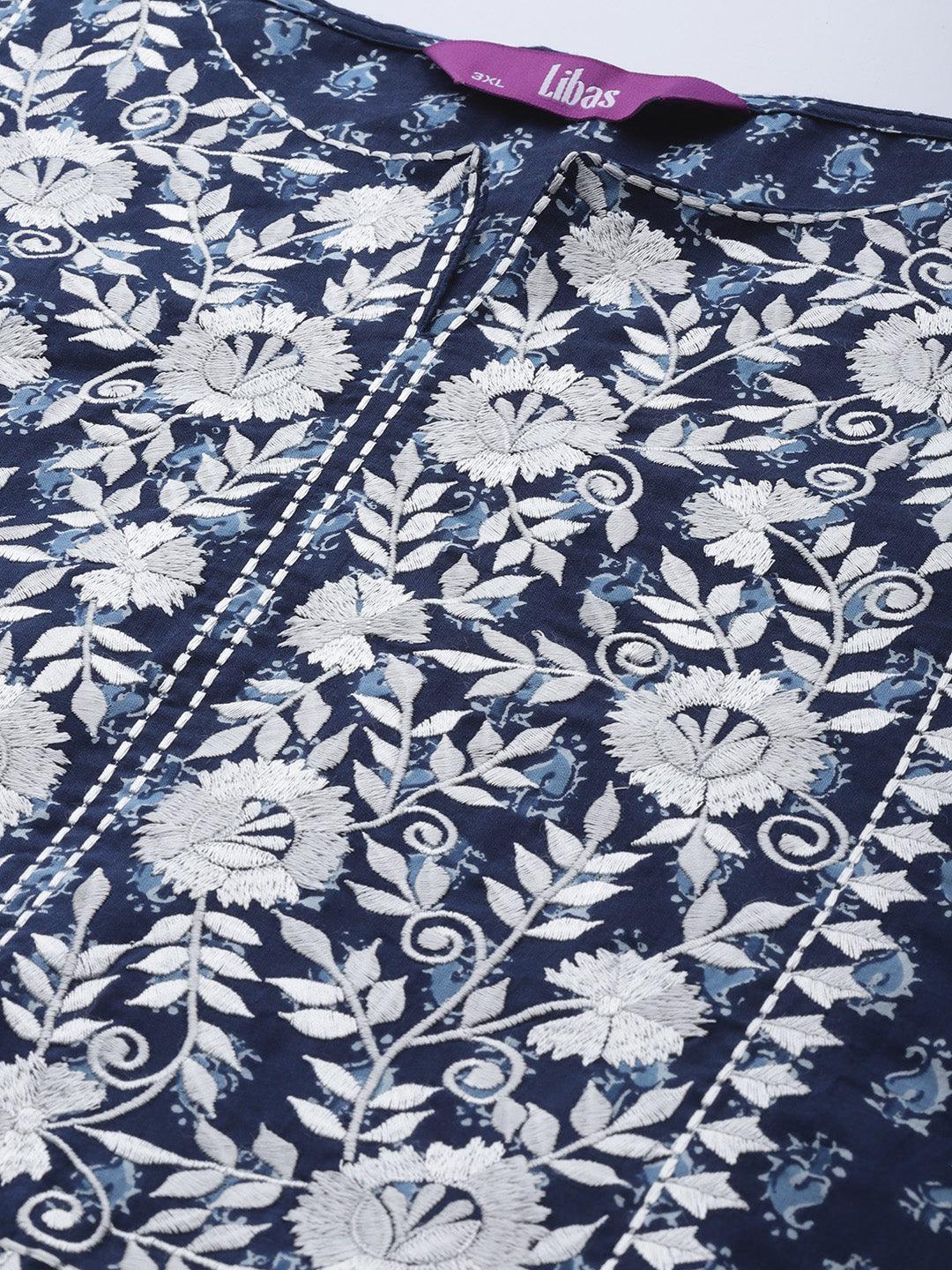 Plus Size Blue Yoke Design Cotton Suit Set - Libas