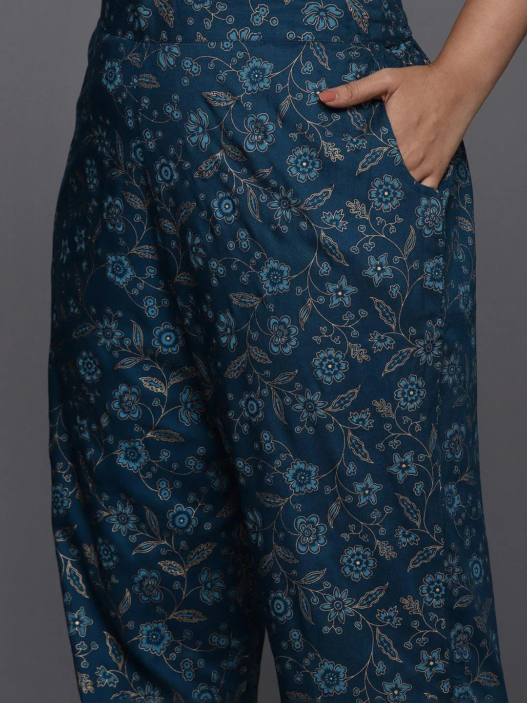 Plus Size Blue Yoke Design Rayon A-Line Kurta With Trousers & Dupatta - Libas 