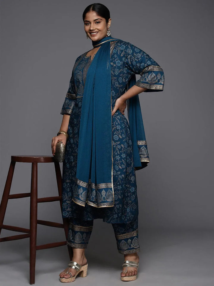Plus Size Blue Yoke Design Rayon A-Line Kurta With Trousers & Dupatta - Libas