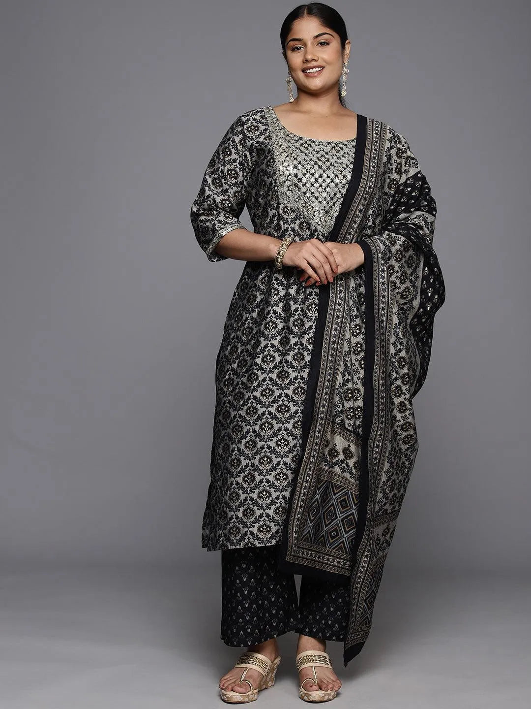 Plus Size Blue Yoke Design Silk Blend Straight Kurta With Trousers & Dupatta - Libas 