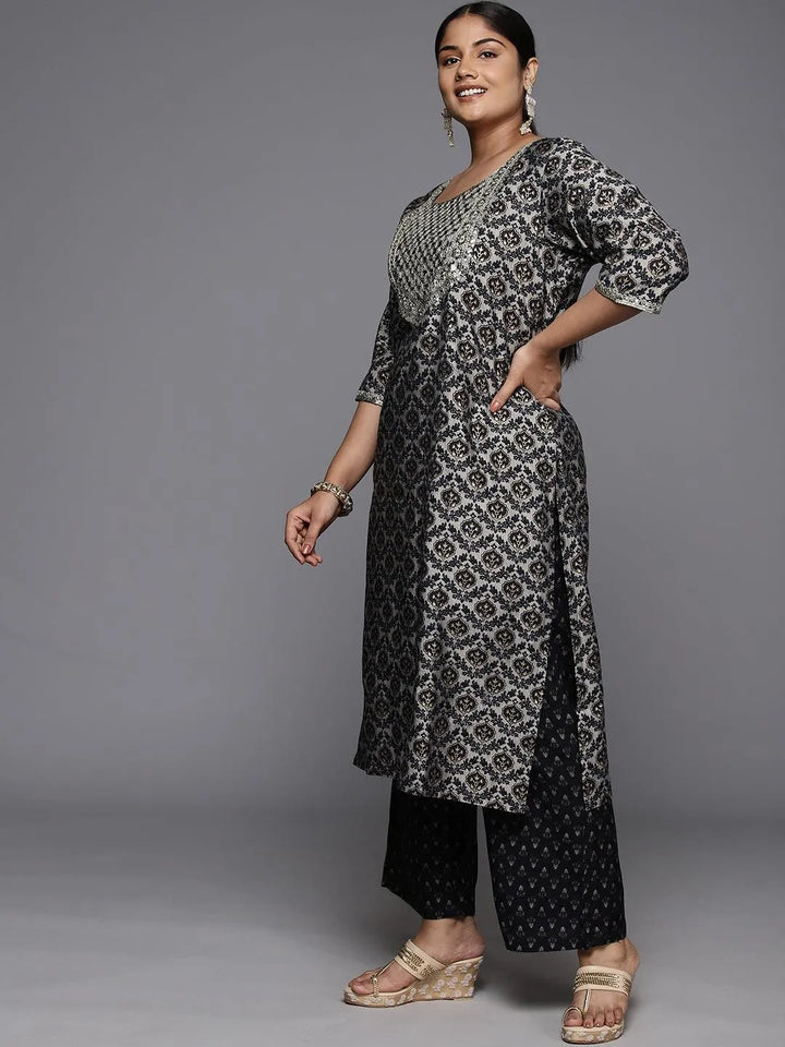 Plus Size Blue Yoke Design Silk Blend Straight Kurta With Trousers & Dupatta - Libas