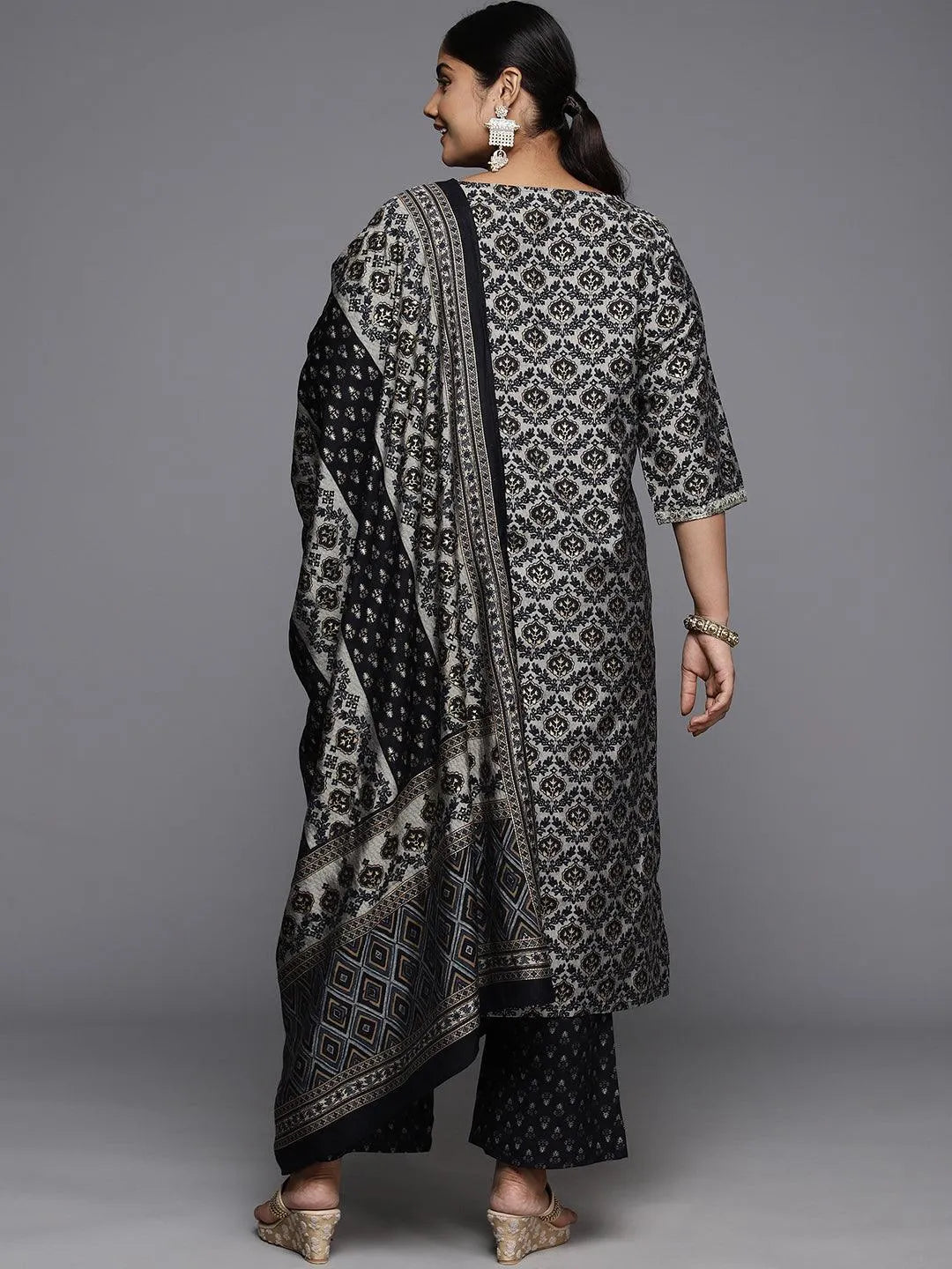 Plus Size Blue Yoke Design Silk Blend Straight Kurta With Trousers & Dupatta - Libas 