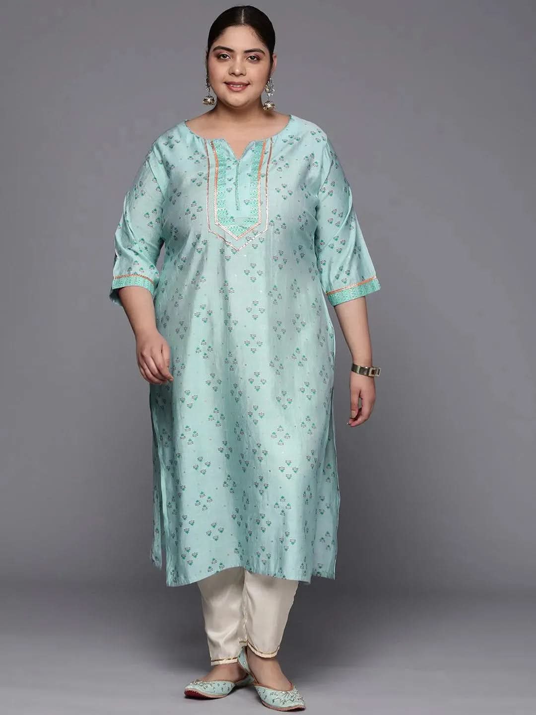 Plus Size Blue Yoke Design Silk Straight Kurta - Libas