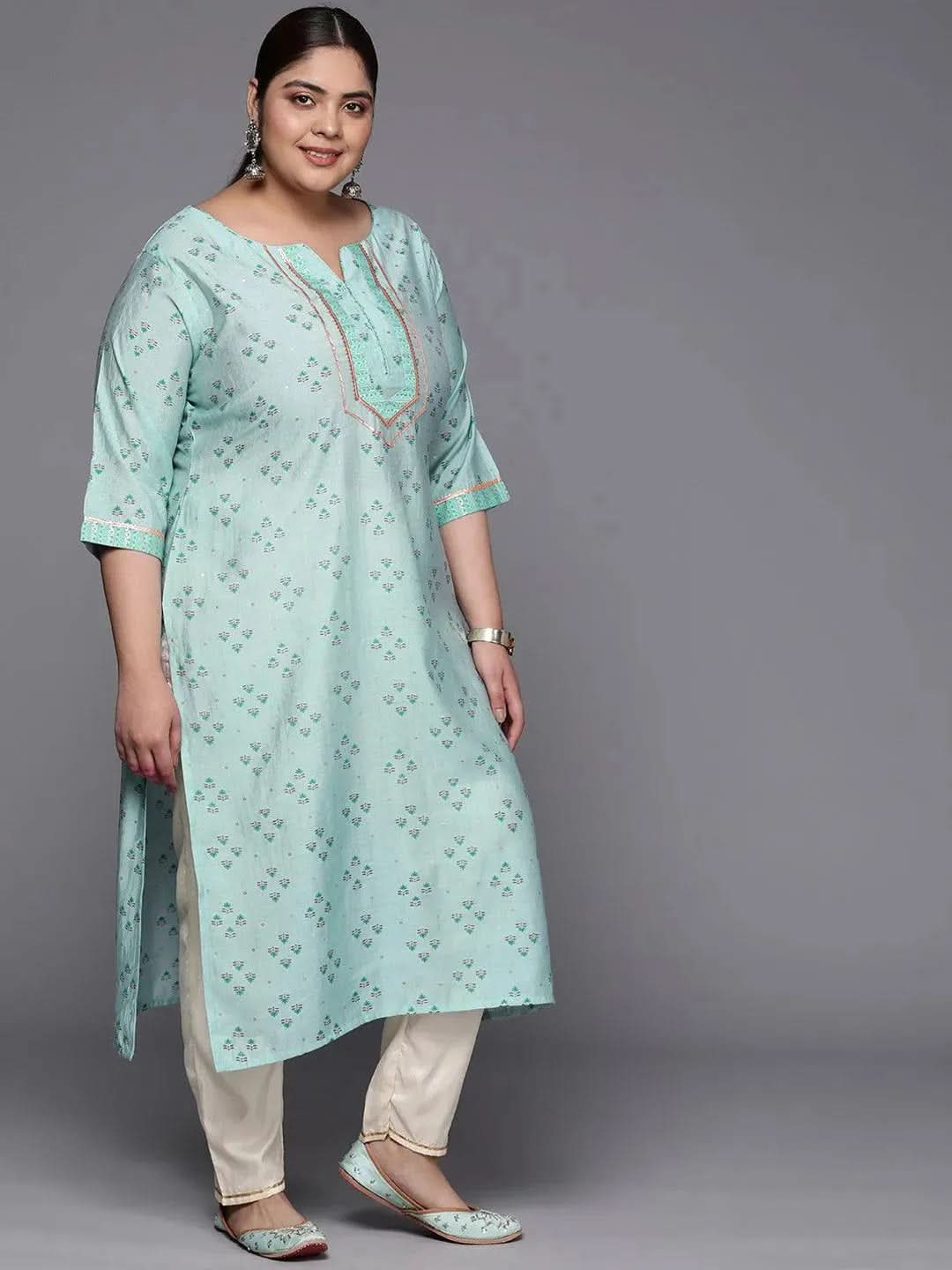 Plus Size Blue Yoke Design Silk Straight Kurta - Libas 