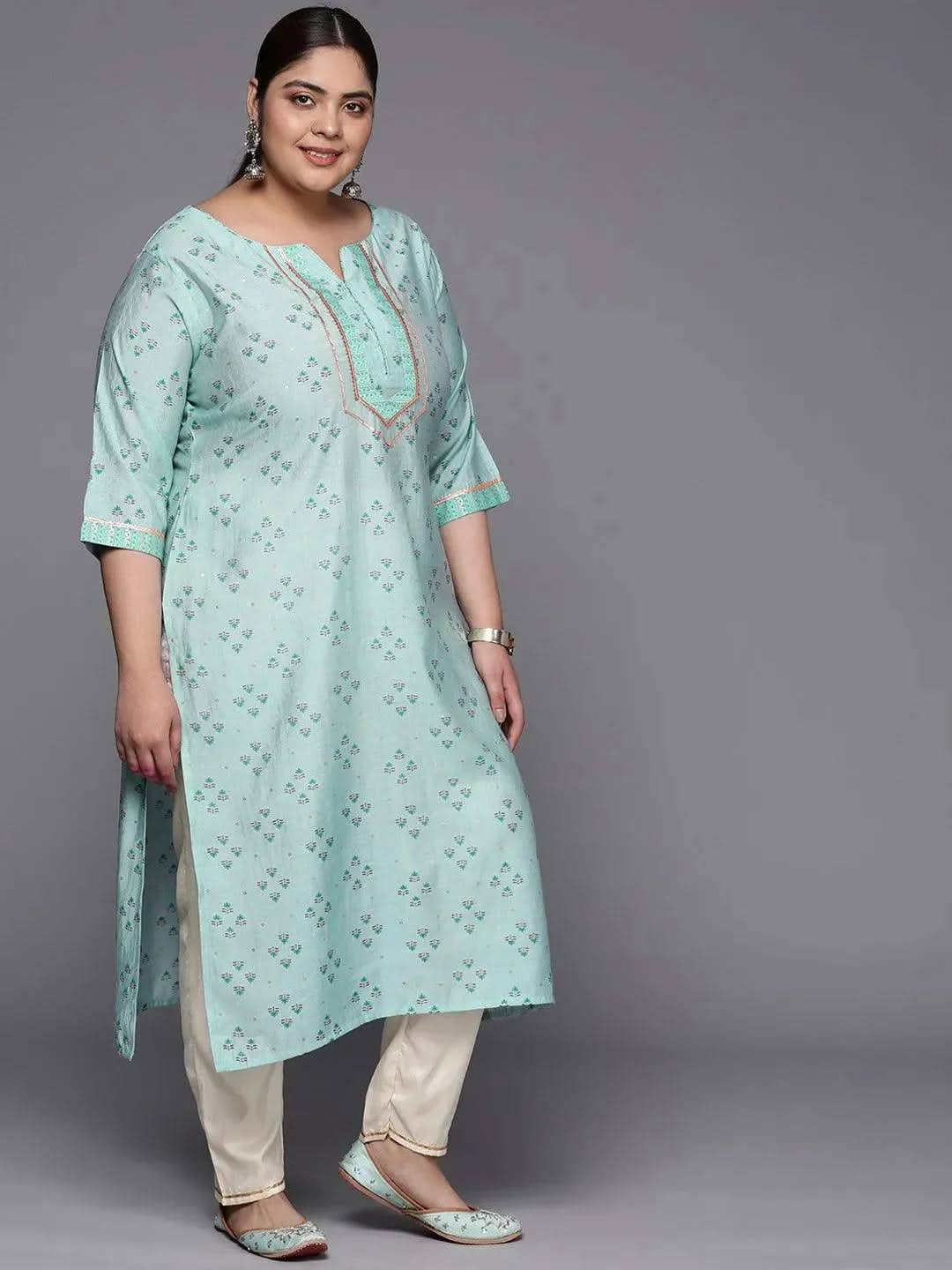 Plus Size Blue Yoke Design Silk Straight Kurta - Libas