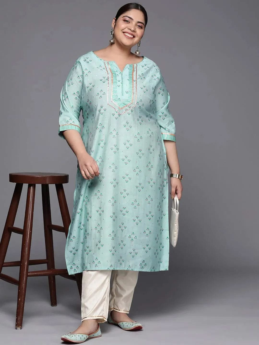 Plus Size Blue Yoke Design Silk Straight Kurta - Libas 