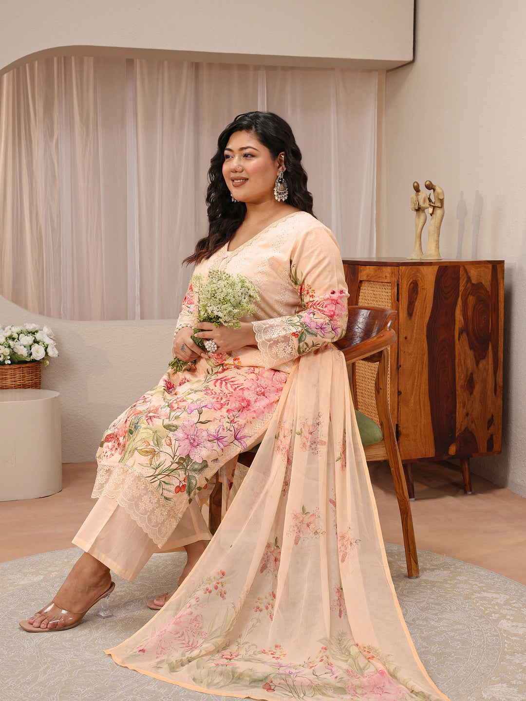  Plus Size Blush Peach Floral Print Cotton Straight Suit Set 