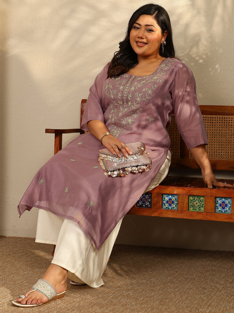 Plus Size Brown Embroidered Chanderi Silk Straight Kurta