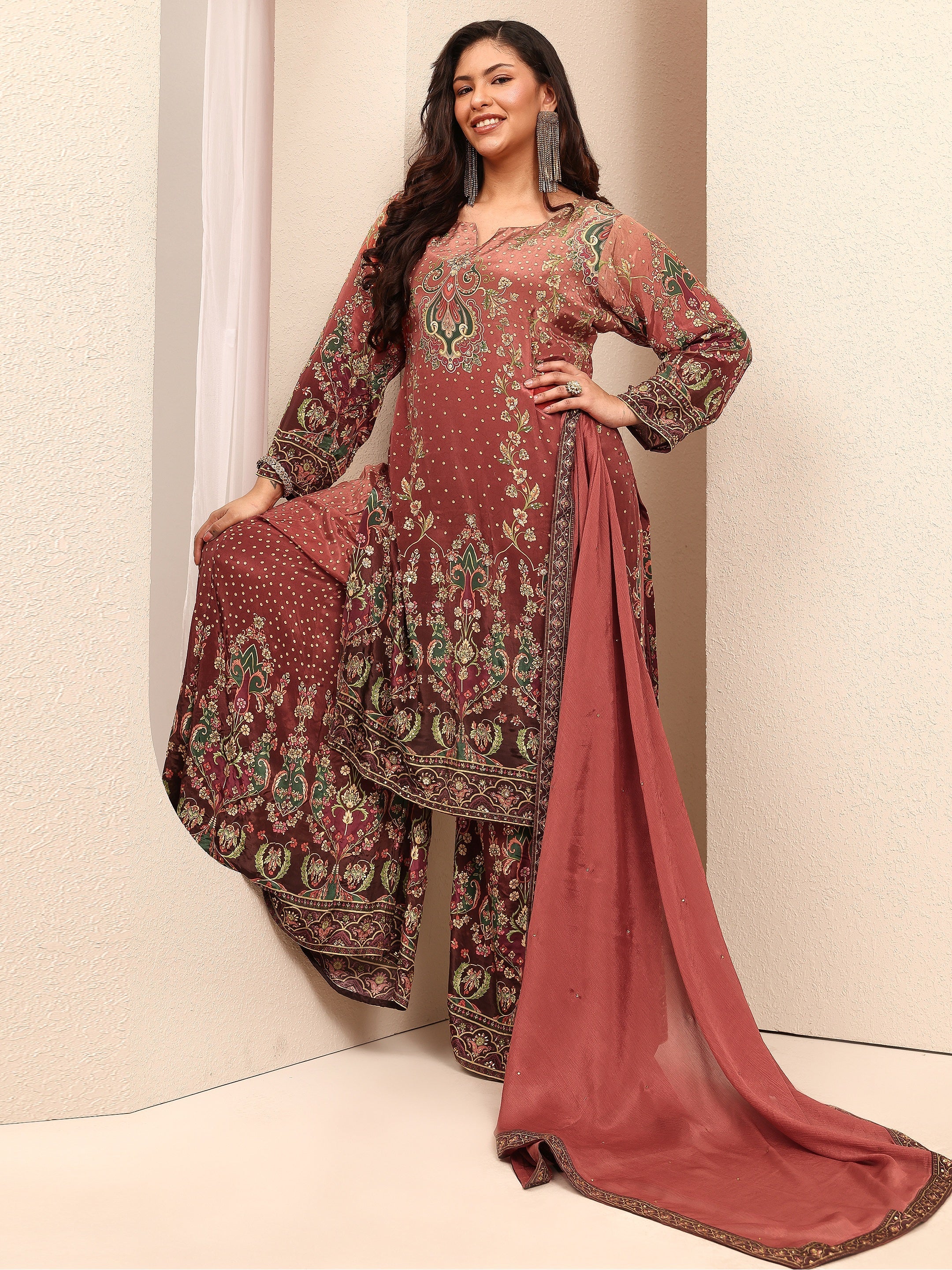 libas Plus Size Brown Embroidered Plus Size Clothing Crepe Straight Suit Set With Dupatta-picture-13