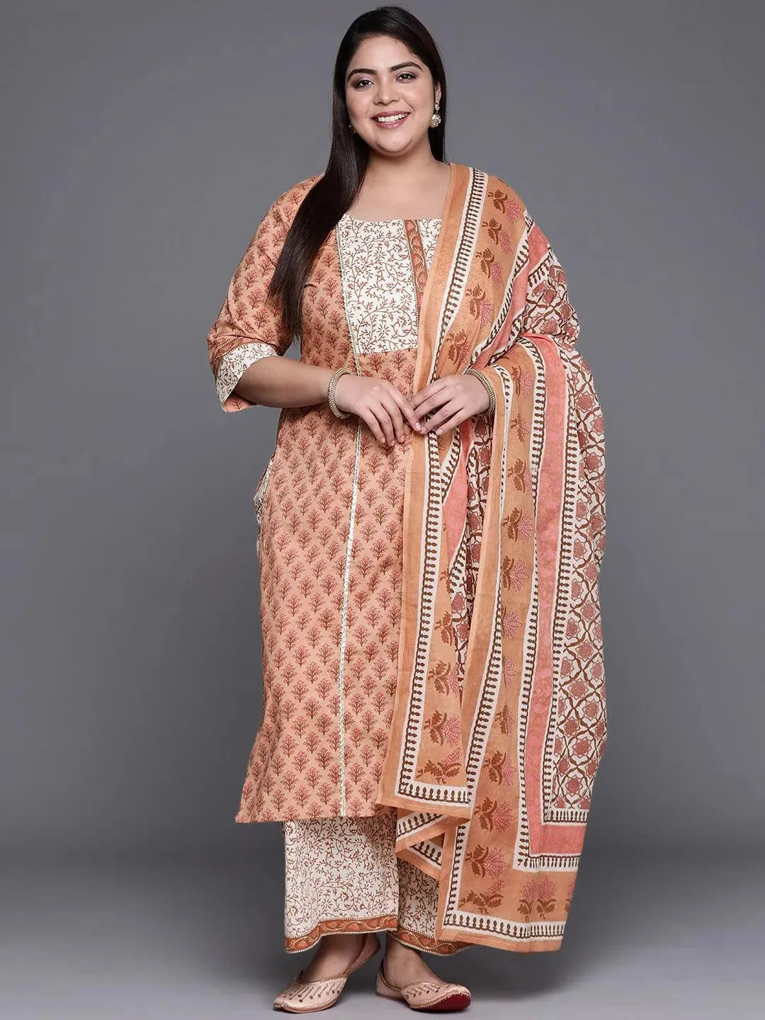 Plus Size Brown Printed Cotton Suit Set - Libas