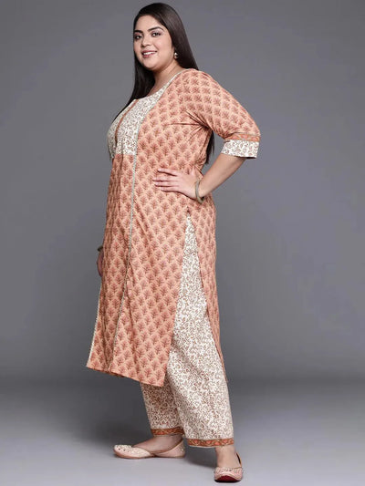 Plus Size Brown Printed Cotton Suit Set - Libas