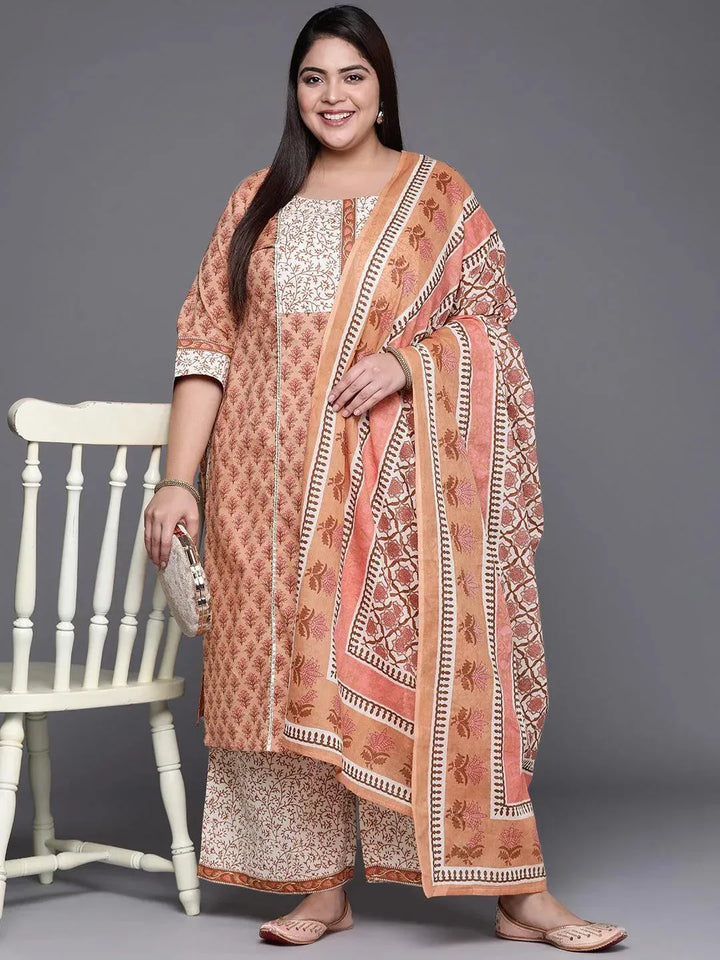 Plus Size Brown Printed Cotton Suit Set - Libas