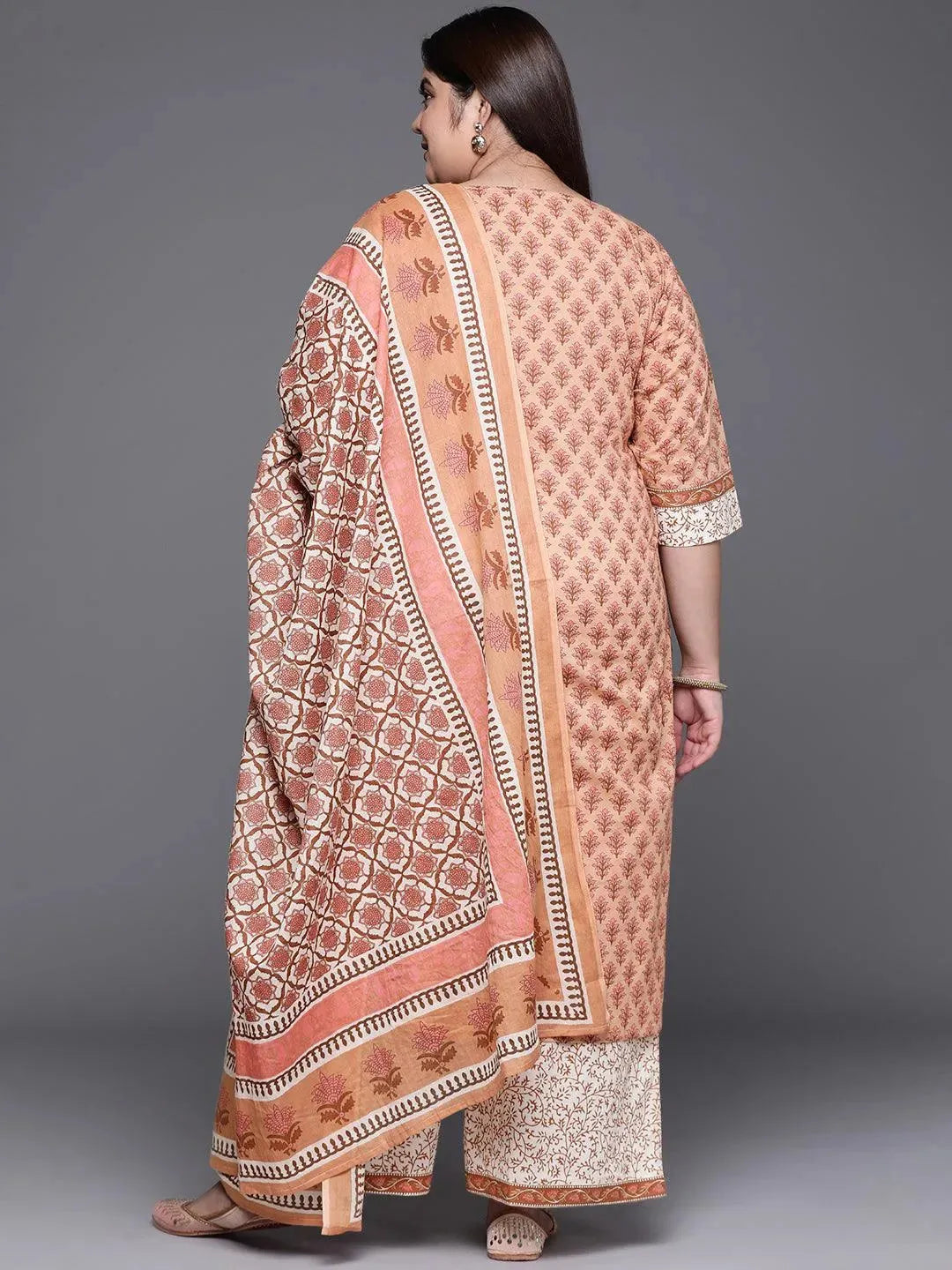 Plus Size Brown Printed Cotton Suit Set - Libas