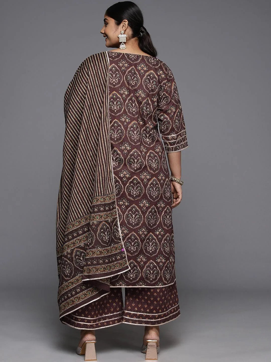 Plus Size Brown Printed Cotton Straight Kurta With Palazzos & Dupatta - Libas 