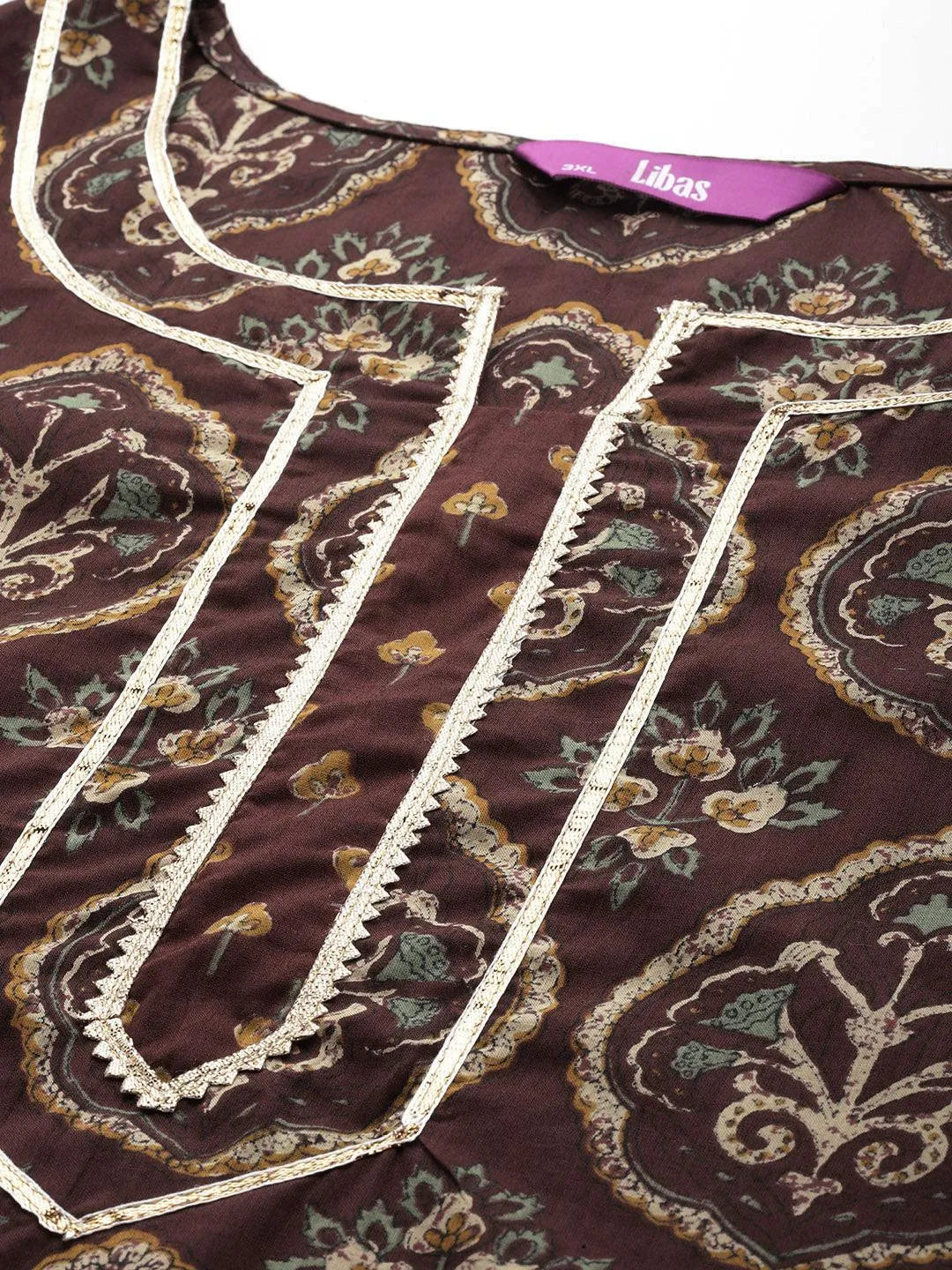 Plus Size Brown Printed Cotton Straight Kurta With Palazzos & Dupatta - Libas 