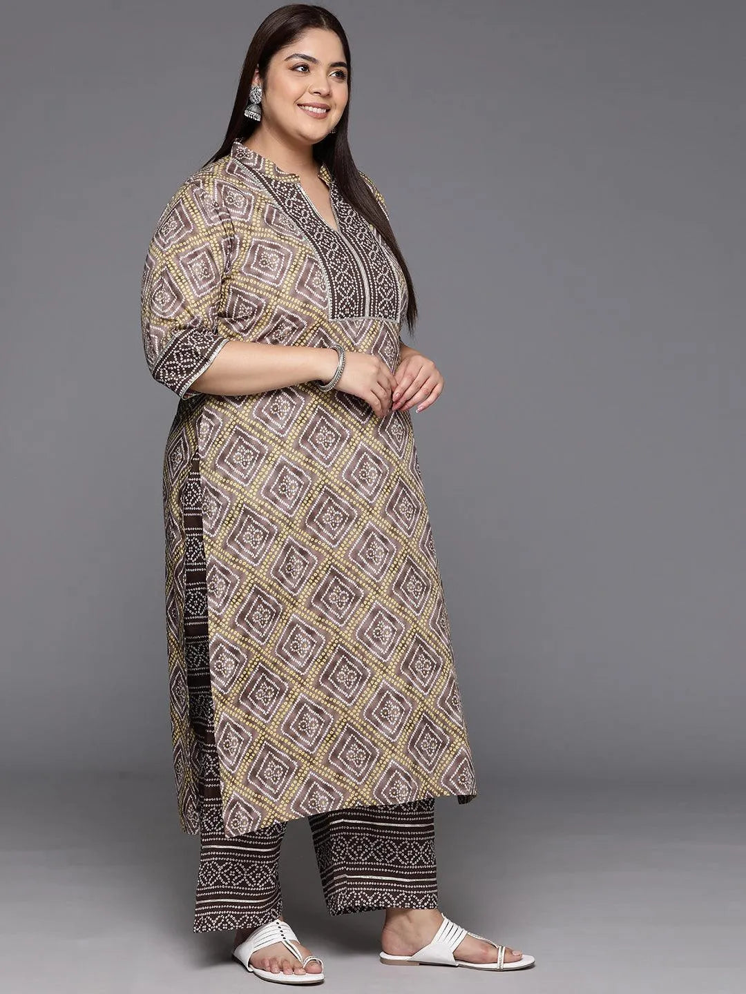 Plus Size Brown Printed Cotton Straight Kurta With Trousers & Dupatta - Libas 